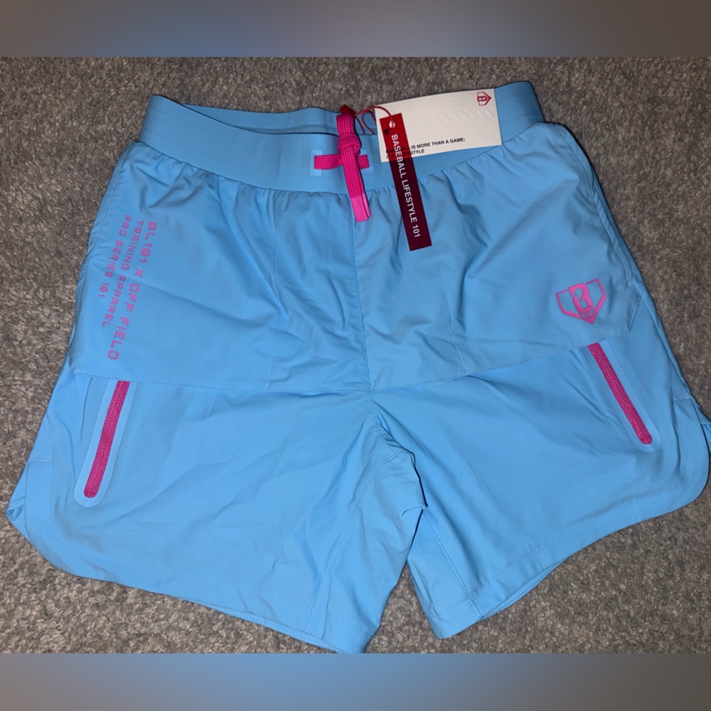 Light Blue Baseball 101 Athletic Shorts with Pink Accents